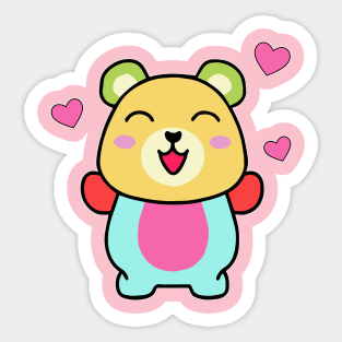 Happy smiling baby teddy bear with love hearts. Kawaii cartoon Sticker